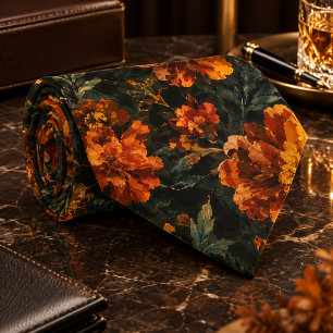 Gravata Padrão Floral de Marigold Laranja Escuro Sem Costu