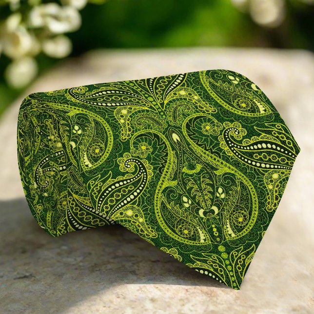 Gravata Padrão Floral de Paisley Damask Abstrato Verde Esc (Criador carregado)