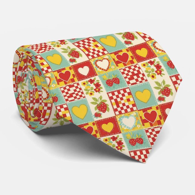 Gravata Padrão Floral de Patchwork de Morango Retro (Rolled)