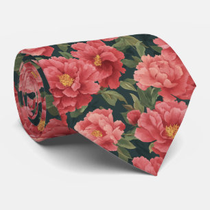 Gravata Padrão Floral de Peônia Coral em Aquarela