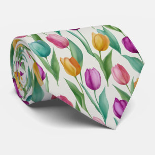 Gravata Padrão Floral de Tulipa Colorida em Aquarela