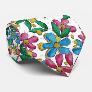 Gravata Padrão Floral de Verão Azul Brilhante Amarelo Rosa