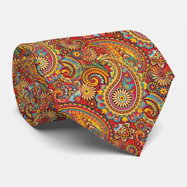 Gravata Padrão Floral Dourado Paisley Amarelo Azul Vermelh (Rolled)