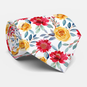 Gravata Padrão Floral em Aquarela Alegre em Rosa Amarela