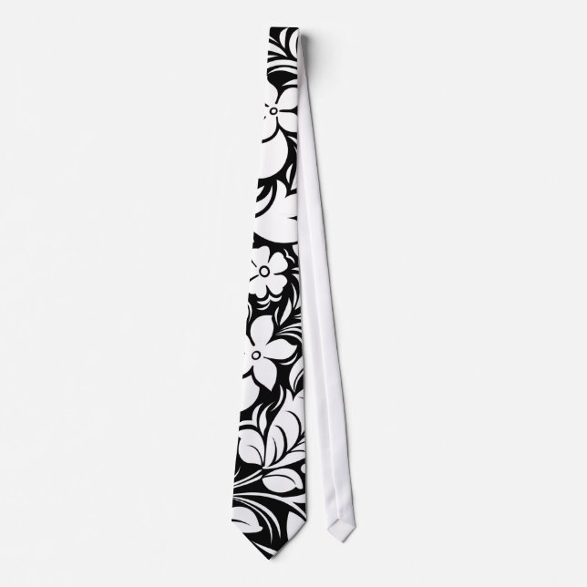 Gravata Padrão Floral Estilizado Preto e Branco (Frente)