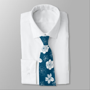 Gravata Padrão Floral Gráfico Branco e Azul