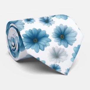 Gravata Padrão Floral Margarida Azul Branca