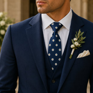 Gravata Padrão Floral Micro Margarida Azul Marinho Elegant