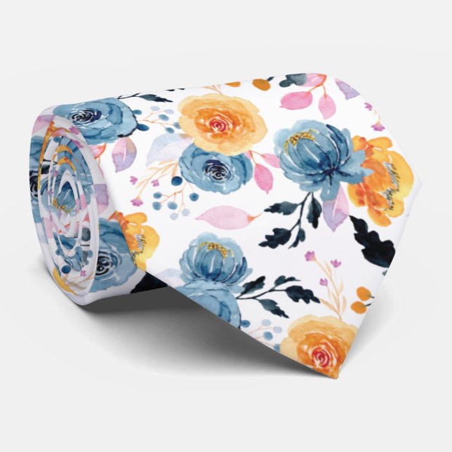 Gravata Padrão Floral Moderno em Azul, Laranja e Rosa (Rolled)