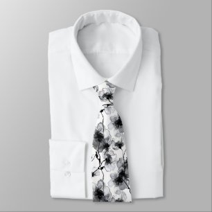 Gravata Padrão Floral Moderno Preto e Branco Elegante