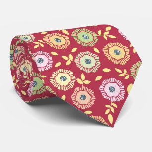 Gravata Padrão floral multicolorido com fundo vermelho