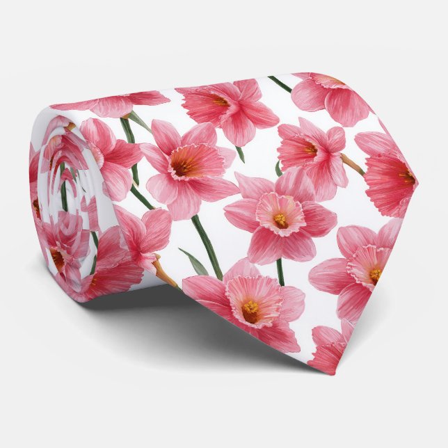 Gravata Padrão Floral Narciso Rosa (Rolled)