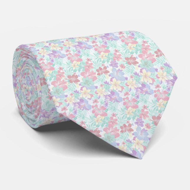 Gravata Padrão Floral Pastel Tropical (Rolled)
