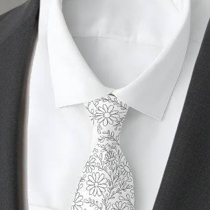 Gravata Padrão Floral Prateado Branco Elegante