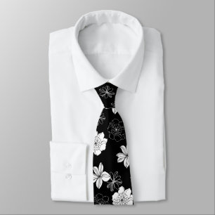 Gravata Padrão Floral Preto e Branco