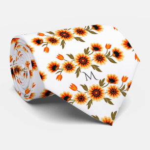 Gravata Padrão Floral Retro Ousado em Laranja Amarelo Pret