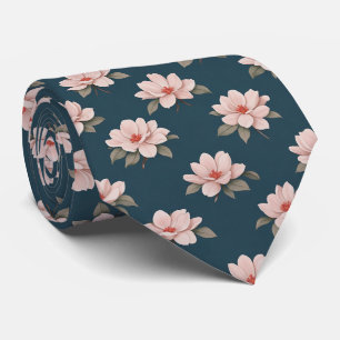 Gravata Padrão Floral Rosa Bege Magnólia Azul