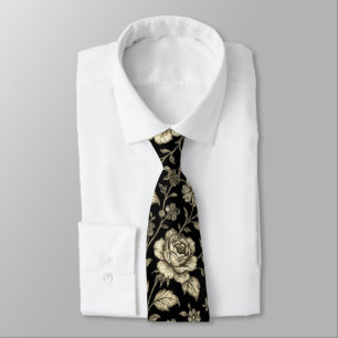Gravata Padrão Floral Rosa Dourada Vintage em Preto
