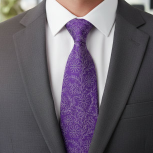 Gravata Padrão Floral Roxo Elegante Prateado