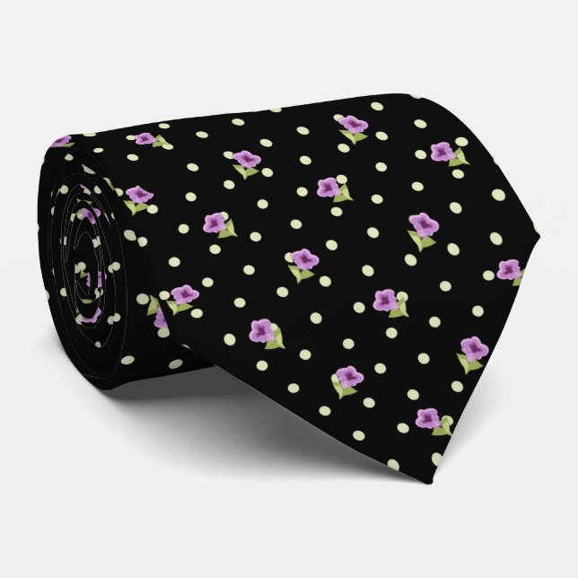 Gravata Padrão Floral Roxo Verde Amarelo com Pontos Elegan (Rolled)