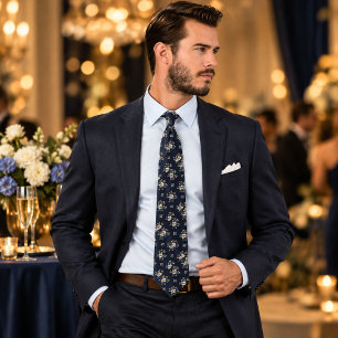 Gravata Padrão Floral Seamless Azul Marinho e Dourado de L
