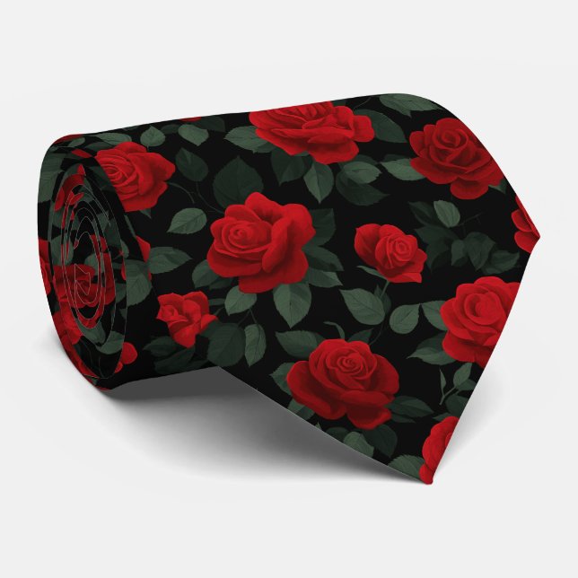Gravata Padrão Floral Sem Costura de Rosa Vermelha Elegant (Rolled)