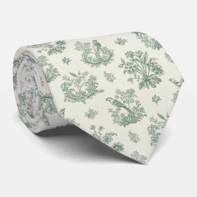 Gravata Padrão Floral Toile de Ave em Verde Hortelã Vintag (Rolled)