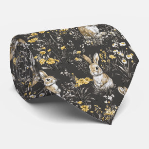 Gravata Padrão Floral Toile de Coelhinho Cottagecore Preto