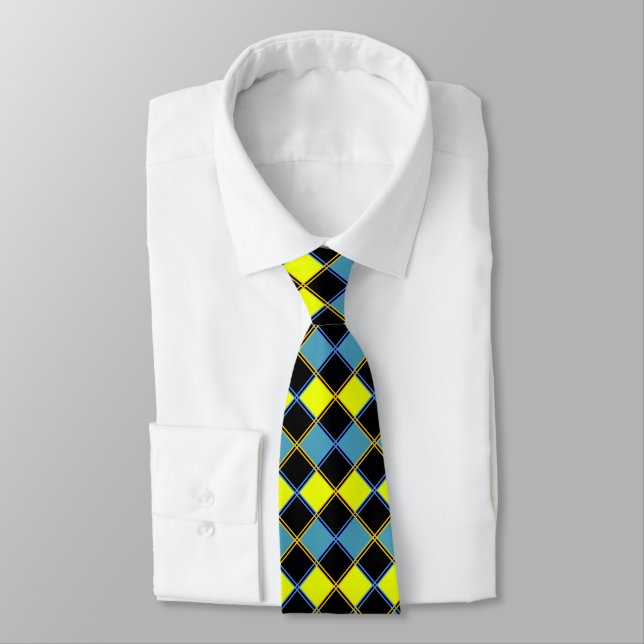 Gravata Padrão geométrico azul-amarelo (Amarrado)