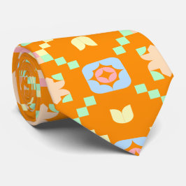 Gravata Padrão Geométrico Pixelado Pastel em Laranja Vibra