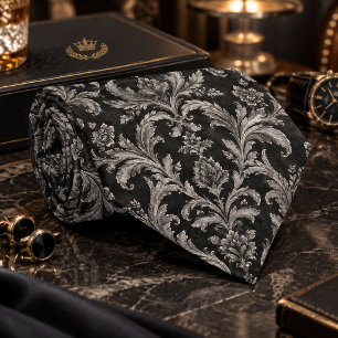 Gravata Padrão Luxuoso Damask Preto e Cinza Sem Costura