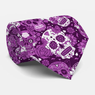 Gravata Padrão ornamental floral de caveira de açúcar roxo
