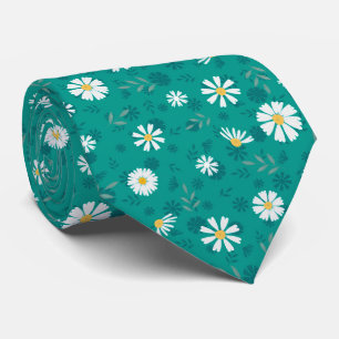 Gravata Padrão retrofloral. Margarida branca em turquesa