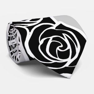 Gravata Padrão Romântico de Rosas Preto Branco Cinza Elega