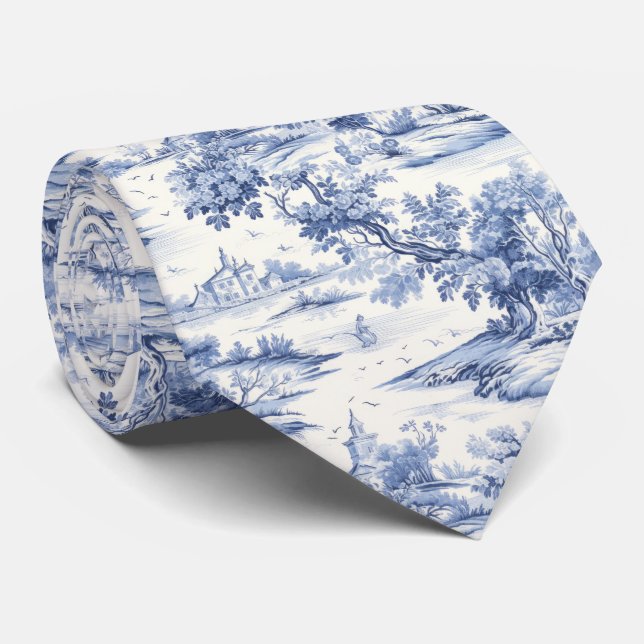 Gravata Padrão Romântico francês do Toile Azul Elegante (Rolled)