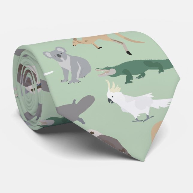 Gravata Padrão Verde Eucalyptus - Animais Nativos Australi (Rolled)