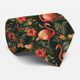 Gravata Padrão Vintage de Flamingo Tropical e Hibisco