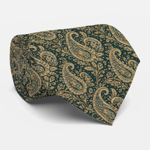 Gravata Padrão Vintage de Luxo Paisley Dourado Esmeralda