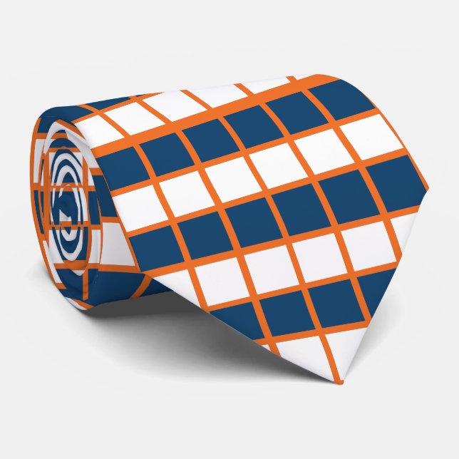 Gravata Padrão Xadrez Azul Branco Laranja (Rolled)