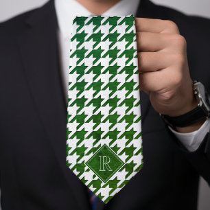 Gravata Padrão Xadrez com Monograma Branco e Madeira Verde