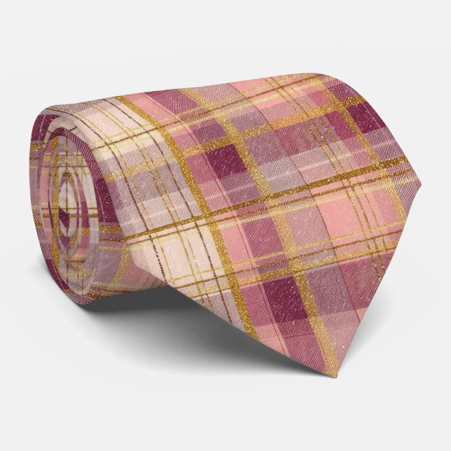 Gravata Padrão Xadrez e Gingham Rosa e Dourado Elegante (Rolled)