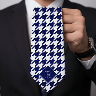 Gravata Padrão Xadrez Houndstooth Monograma Branco & Madei