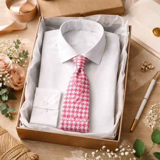 Gravata Padrão Xadrez Rosa Estilo Clássico Preppy (Criador carregado)
