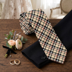 Gravata Padrão Xadrez Tartan em Quadrados Bege Vermelho Pr
