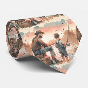 Gravata Padre e Filho - Design de Aquarela de Pesca