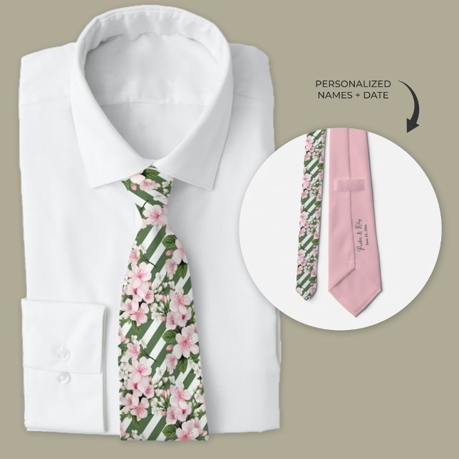 Gravata Padrinhos de casamento Florais de Flores de Flor d (striped cherry blossom floral groomsmen necktie)