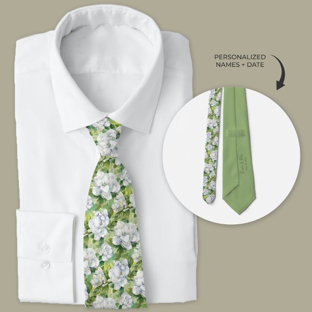 Gravata Padrinhos de casamento Florais de Gardenia Branca (Watercolor white gardenia floral wedding necktie for groom and groomsmen.)
