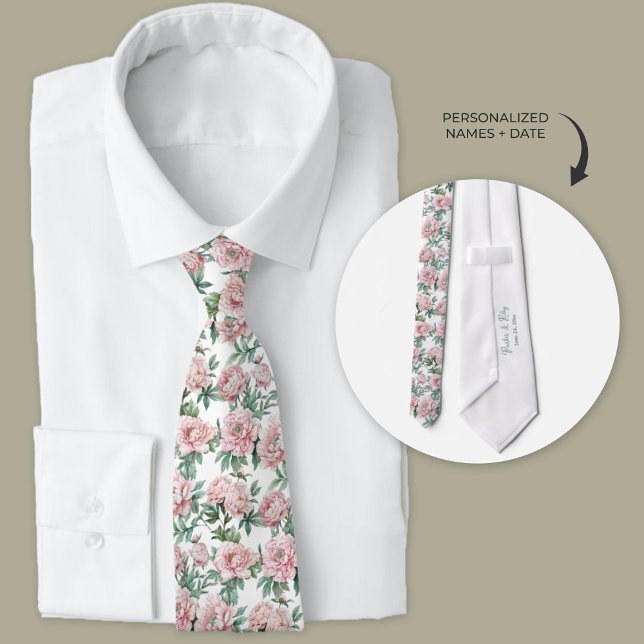 Gravata Padrinhos de casamento Florais de Peony Rosa (Pink peonies watercolor personalized wedding neck ties for groom and groomsmen.)