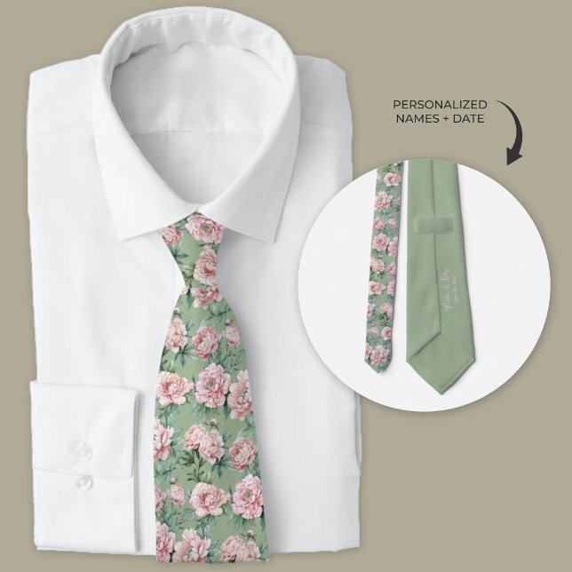 Gravata Padrinhos de casamento Florais de Peony Verde e Ro (Personalized wedding necktie, sage green and pink peonies.)
