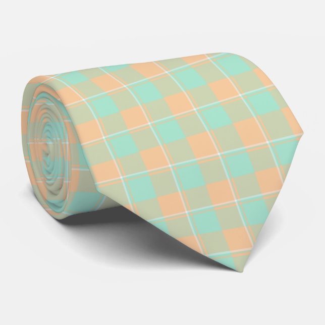 Gravata Padua Green and Corvette Peach Plaid Neck Tie (Rolled)